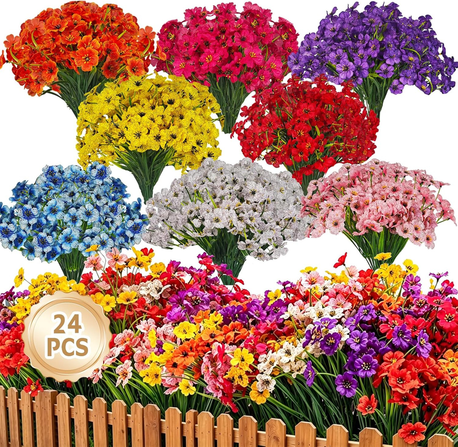 Artificial Flowers Set 24 Bundles UV Resistant for Outdoors 8 Colors Fake Plants