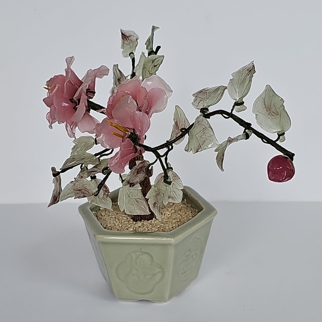 Vintage Chinese Glass Bonsai Tree Pink Cherry Blossom Celadon Pot Chinoiserie