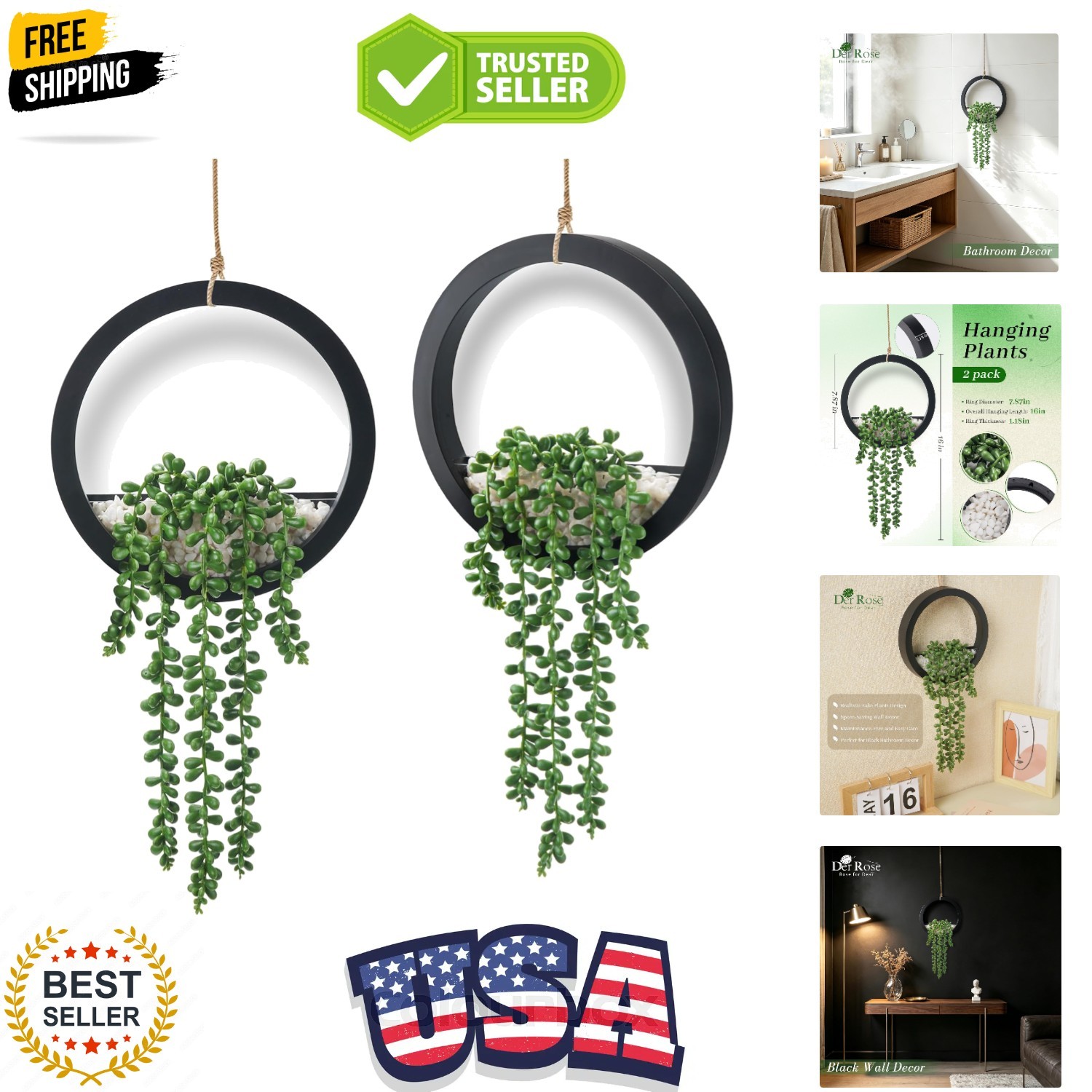 2 Pack Fake Plants Hanging Artificial Succulents Plants in Black Pots for Liv…