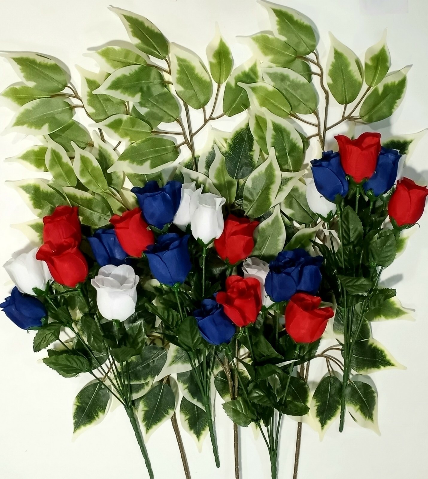 (7 pcs) 4 Red White Blue Rose Bushes & 3 Ficus Sprays Silk Flower Decor US #2213