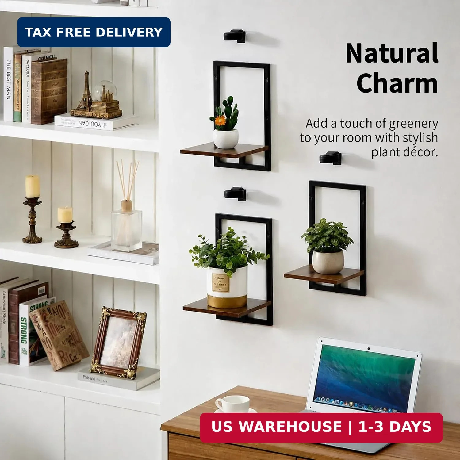 Wall Planters with Grow Lights, Set of 3 Floating Shelves for Indoor Plants, Bed