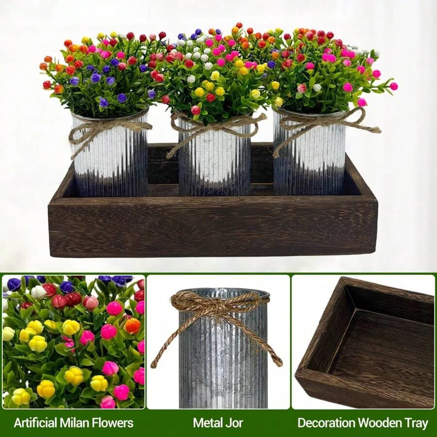 Set Of 3 Artificial Milan Bouquets Wood Tray Table Centerpiece Flower