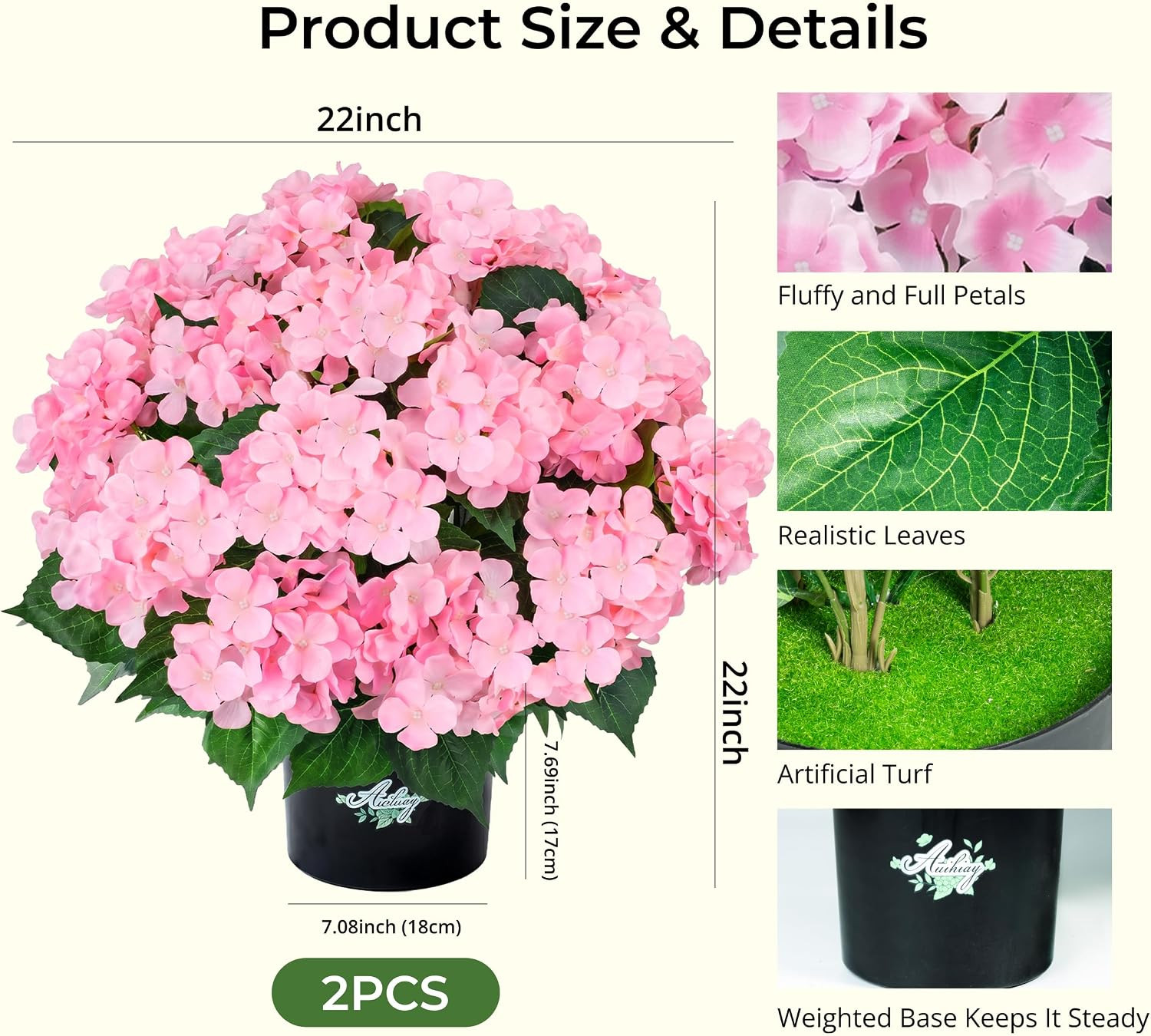 2 Potted Pink Hydrangea Artificial Flowers, Faux Hydrangea Outdoor | 22″ High &