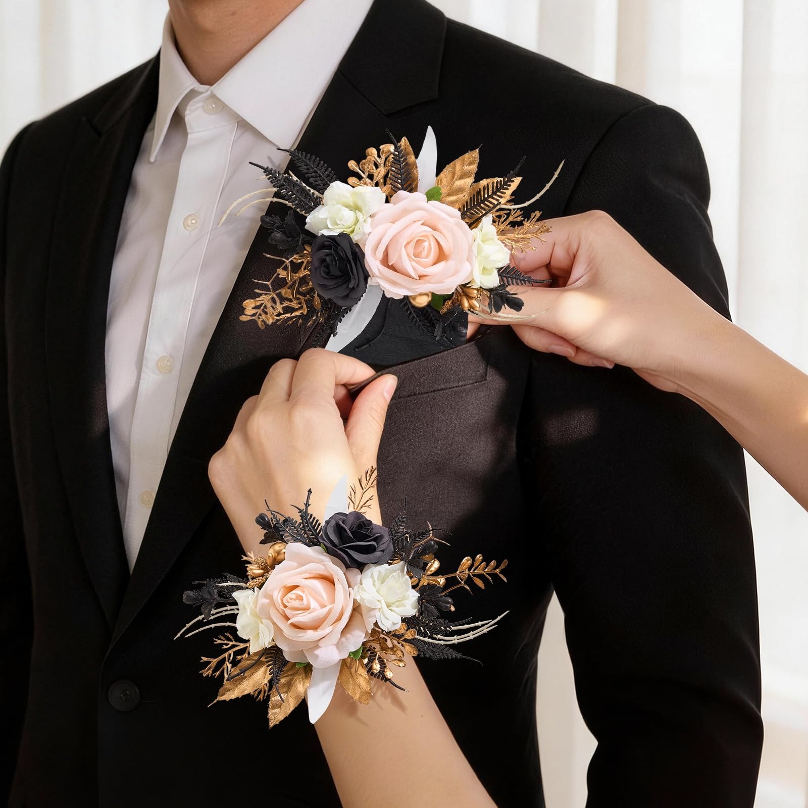 2Pcs Corsage and Boutonniere Set,Black Gold and Champagne Rose Corsage Wristl…