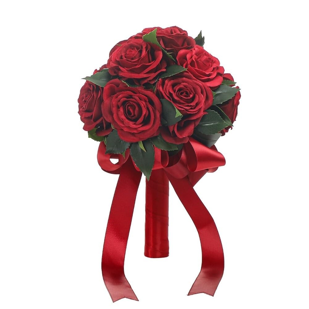 Wedding Bouquets Ribbon Artificial Dark Red Rose Bride Holding Flower