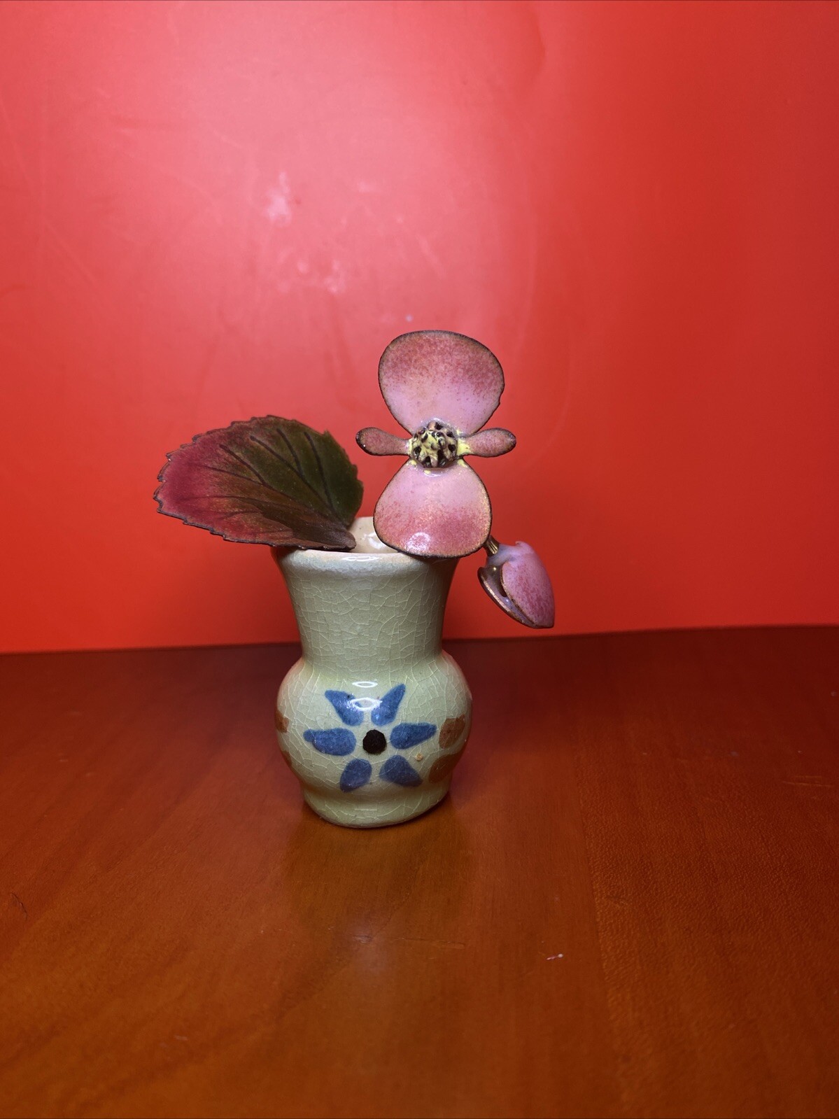 Mini Enamel & Metal Floral Arrangement in Glazed Planter
