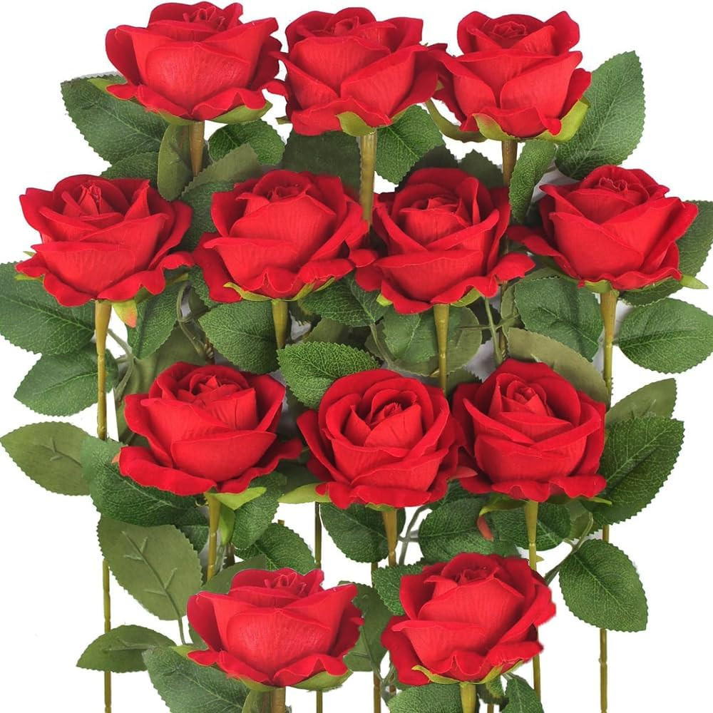 12PCS Artificial Roses Realistic Velvet Silk Flowers Long Stem Faux Flowers Bouq