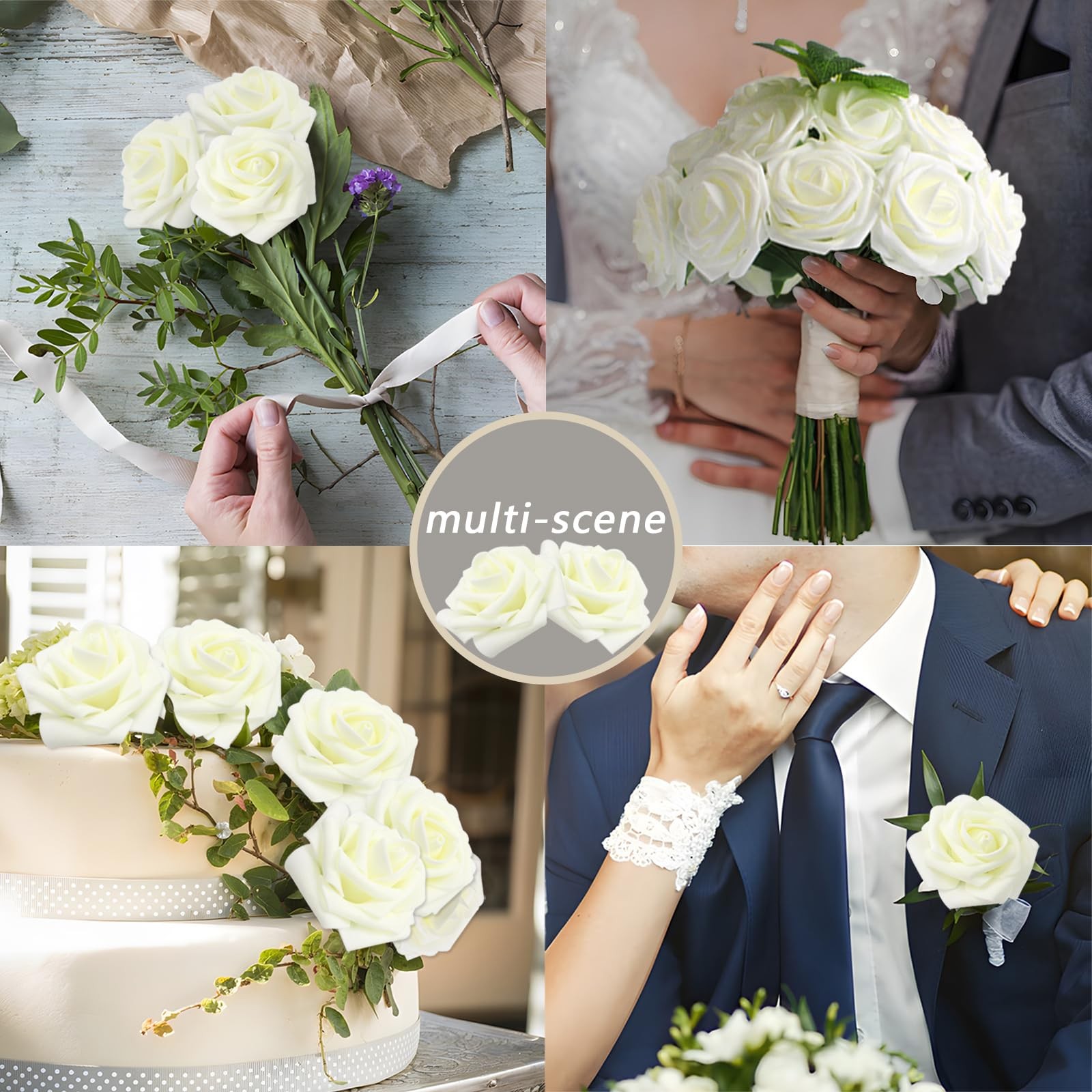 100PCS Ivory Realistic Roses – Artificial Latex Foam Flowers with Bendable St…
