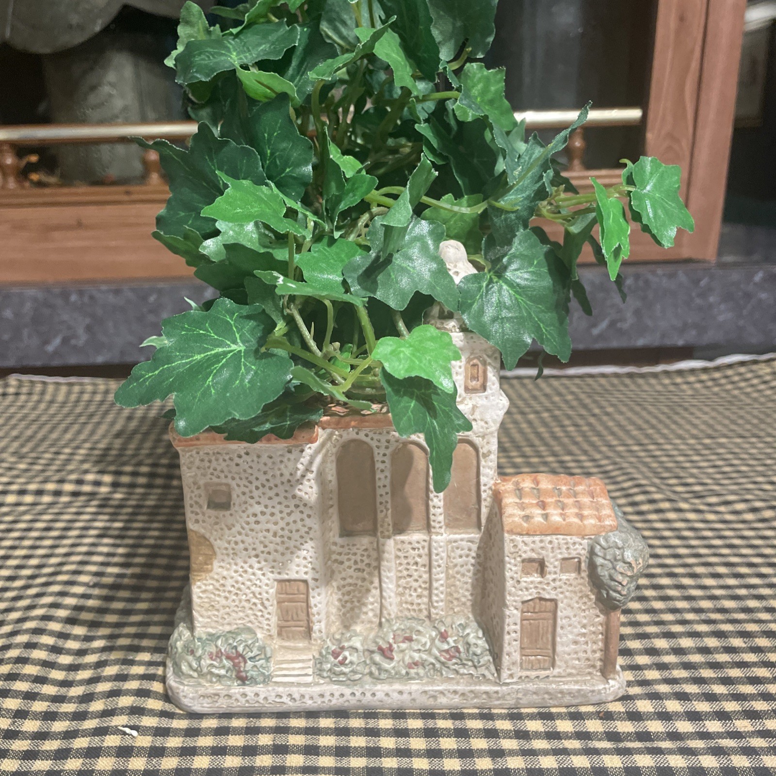 Unique Hand painted Terracotta House With Fake Plant On Top
