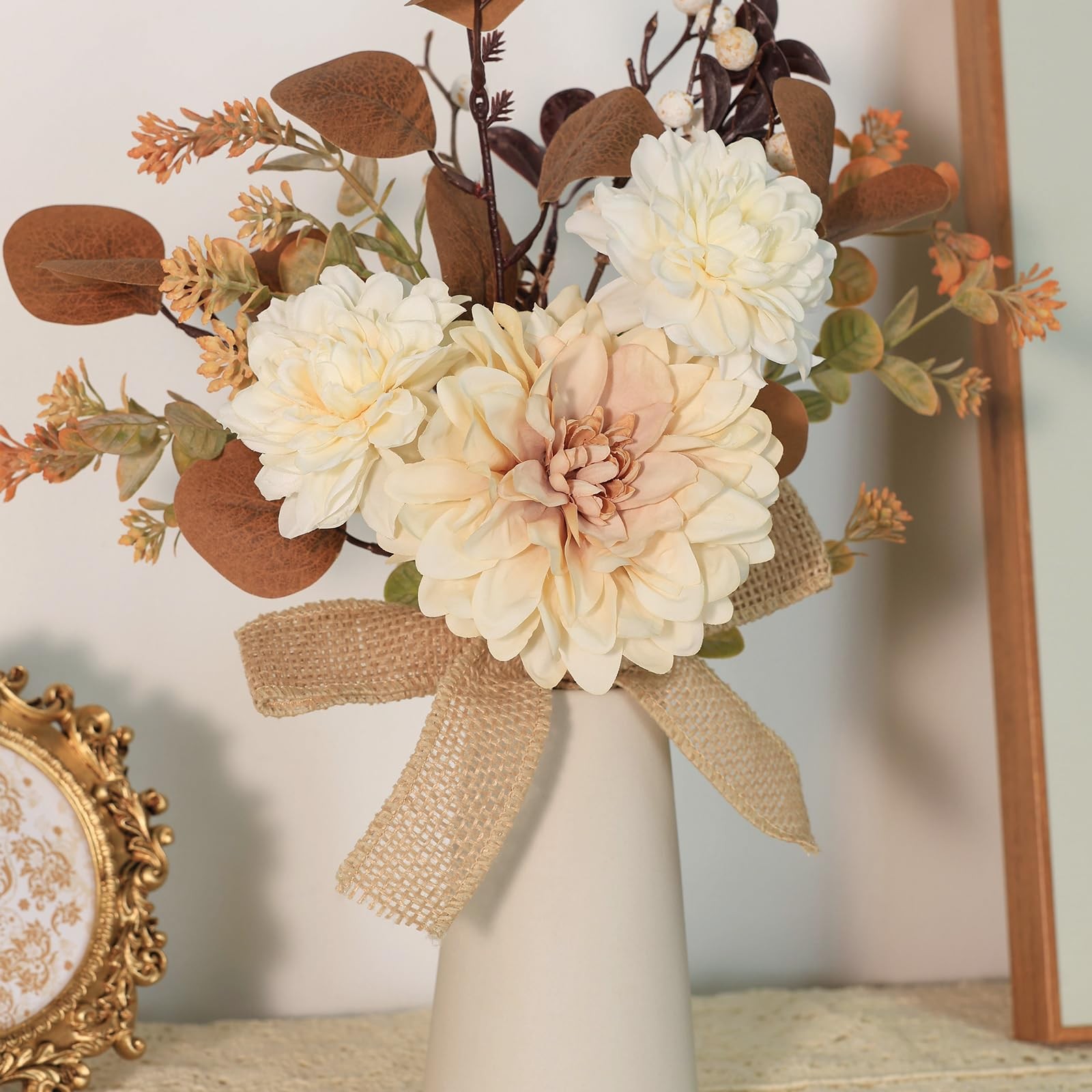 Small Artificial Flowers in Ceramic Vase 15 inch Faux Flower Centerpieces Cof…