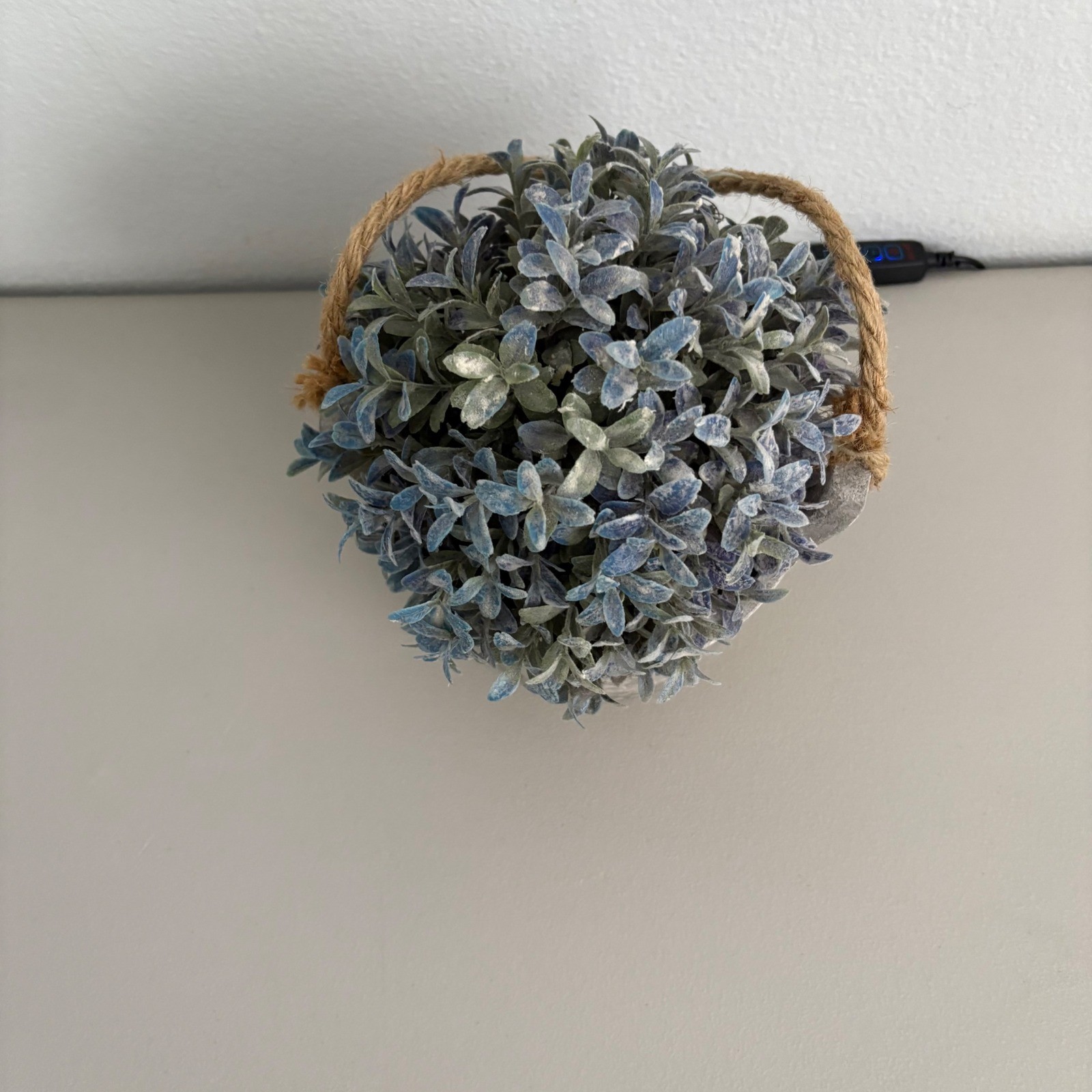 Faux Frosted Greenery Plant in Rustic Gray Pot with Jute Rope Handle Farmhouse