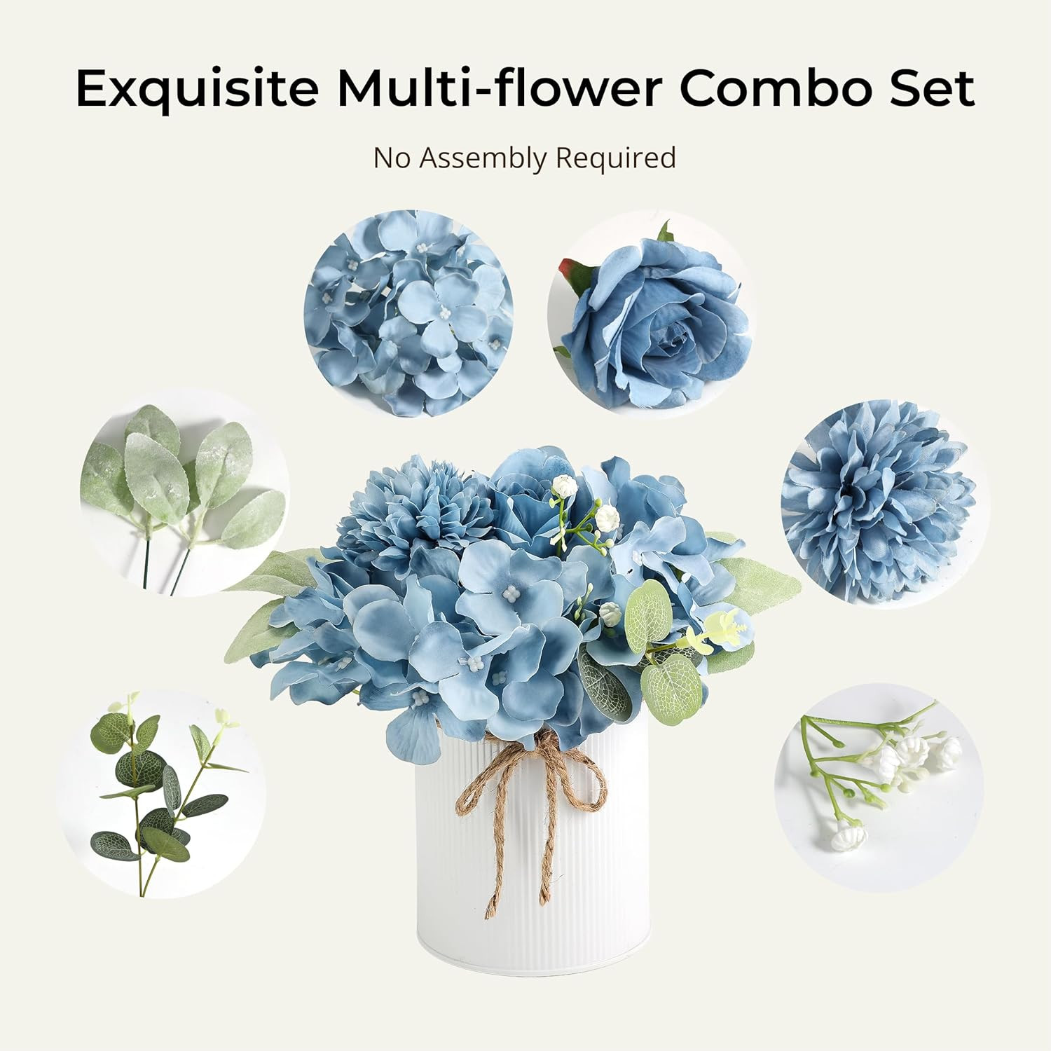 Dusty Blue Hydrangea Centerpieces – 10PCS Silk Flowers with Vase for Events