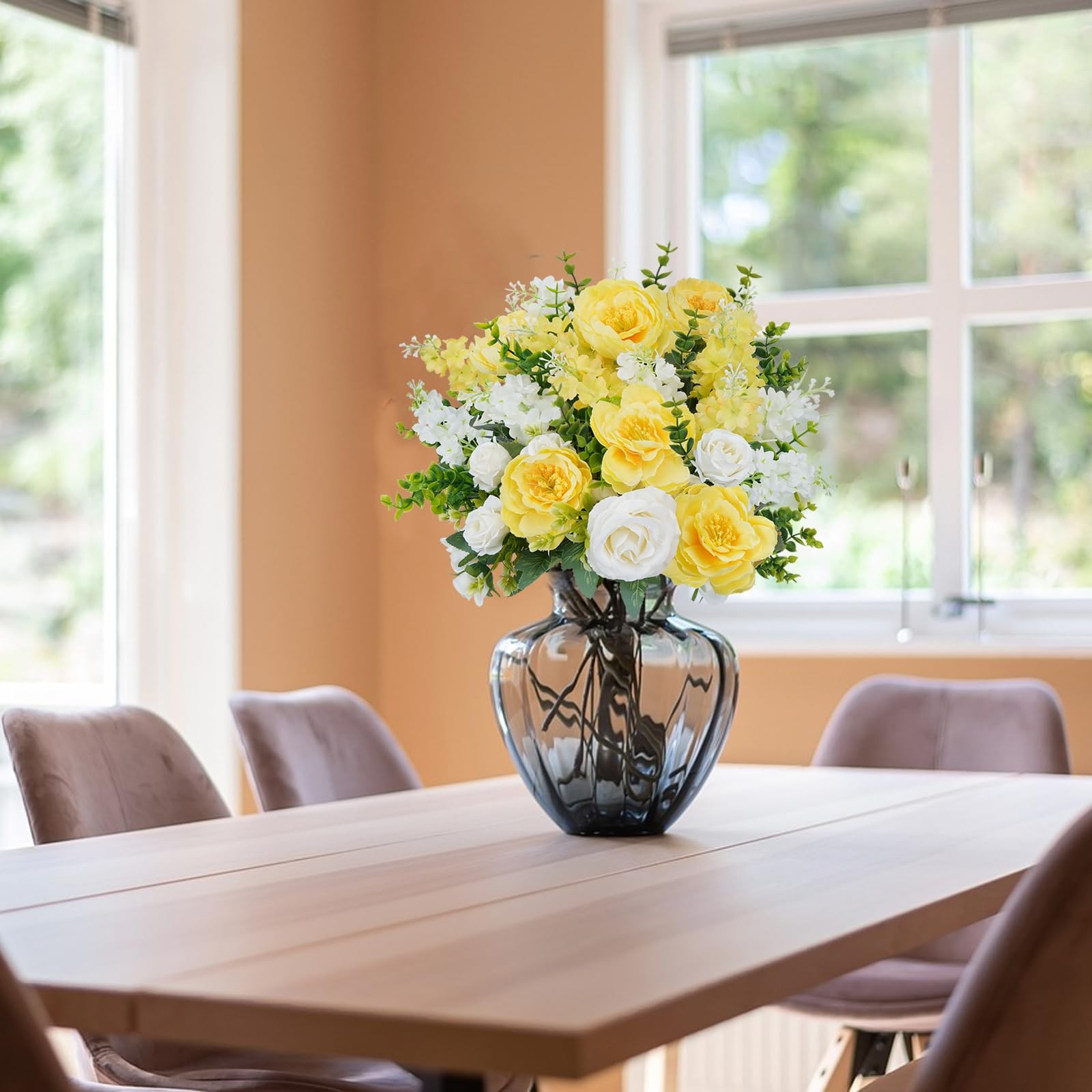 6Pcs Peonies Artificial Flowers Silk Rose Bouquets Yellow White Faux Floral A…
