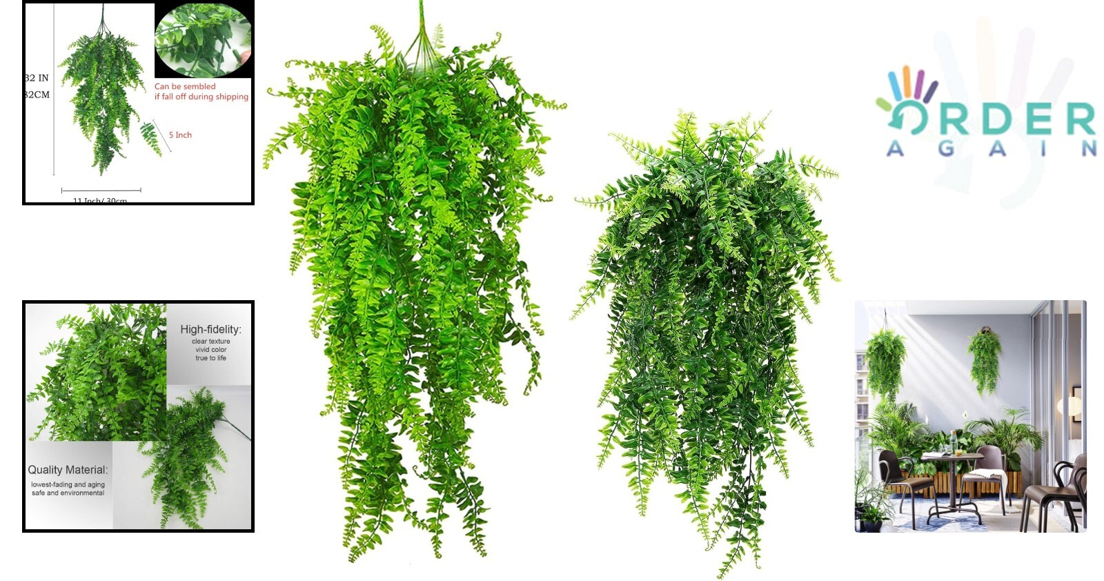 Artificial Hanging Fern Set Plastic Outdoor Indoor Decor UV Resistant 2Pcs