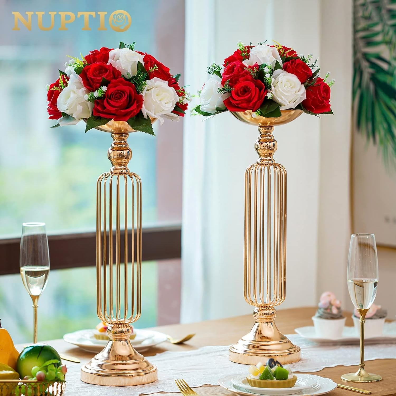 6 Pcs Artificial Rose Flower Ball Arrangement Bouquets Red White Wedding Decor