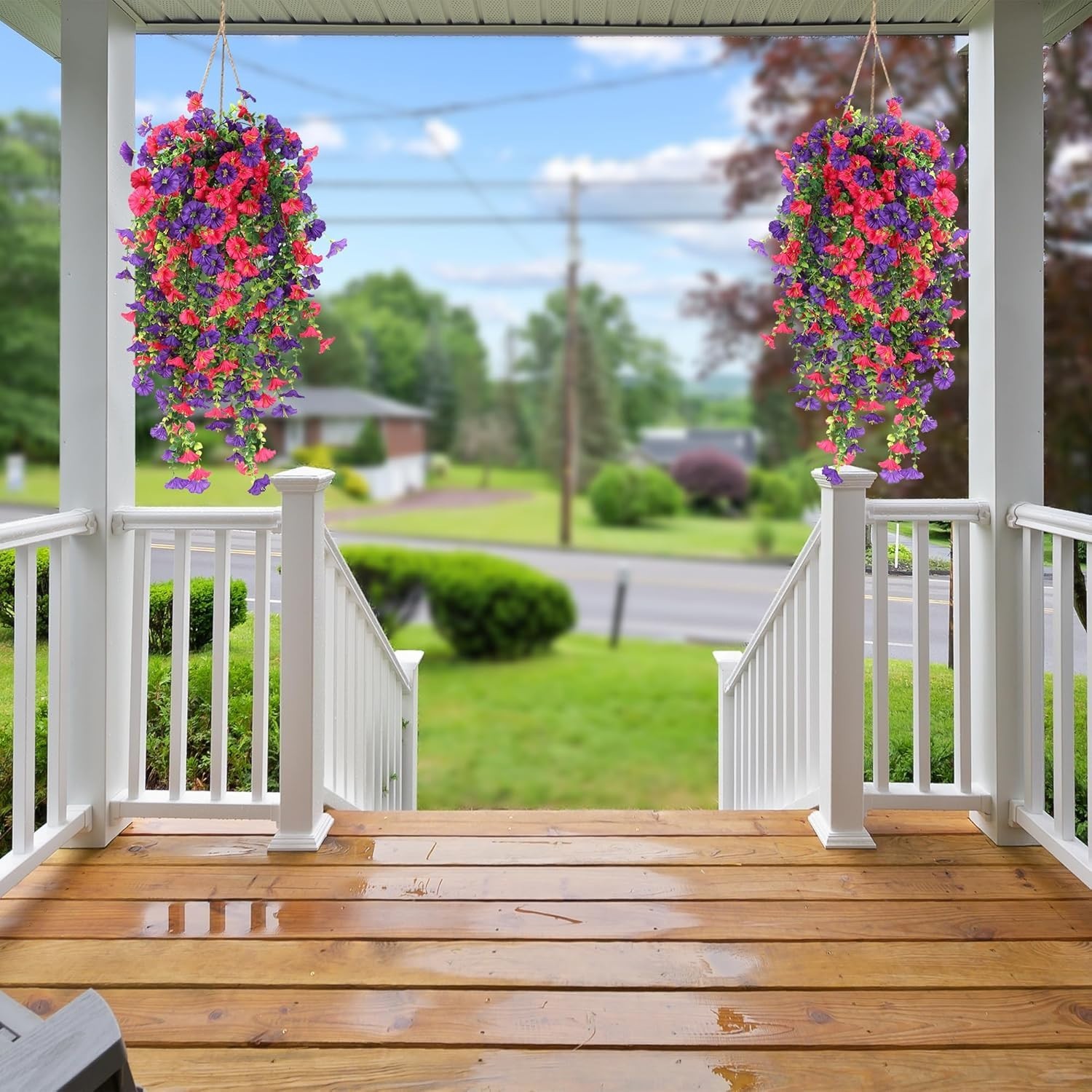 Elegant 2PCS Artificial Hanging Flowers: UV Resistant Morning Glory & Eucalyptus
