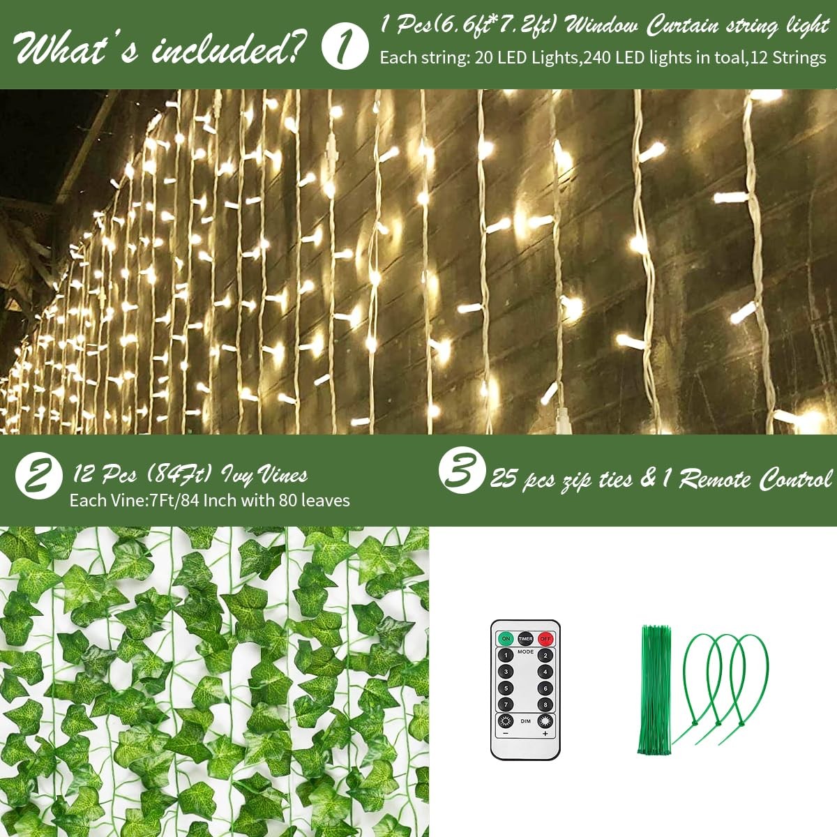 12 Pack Artificial Ivy Leaf Plants with 240 Window Curtain String Lights, Fak…