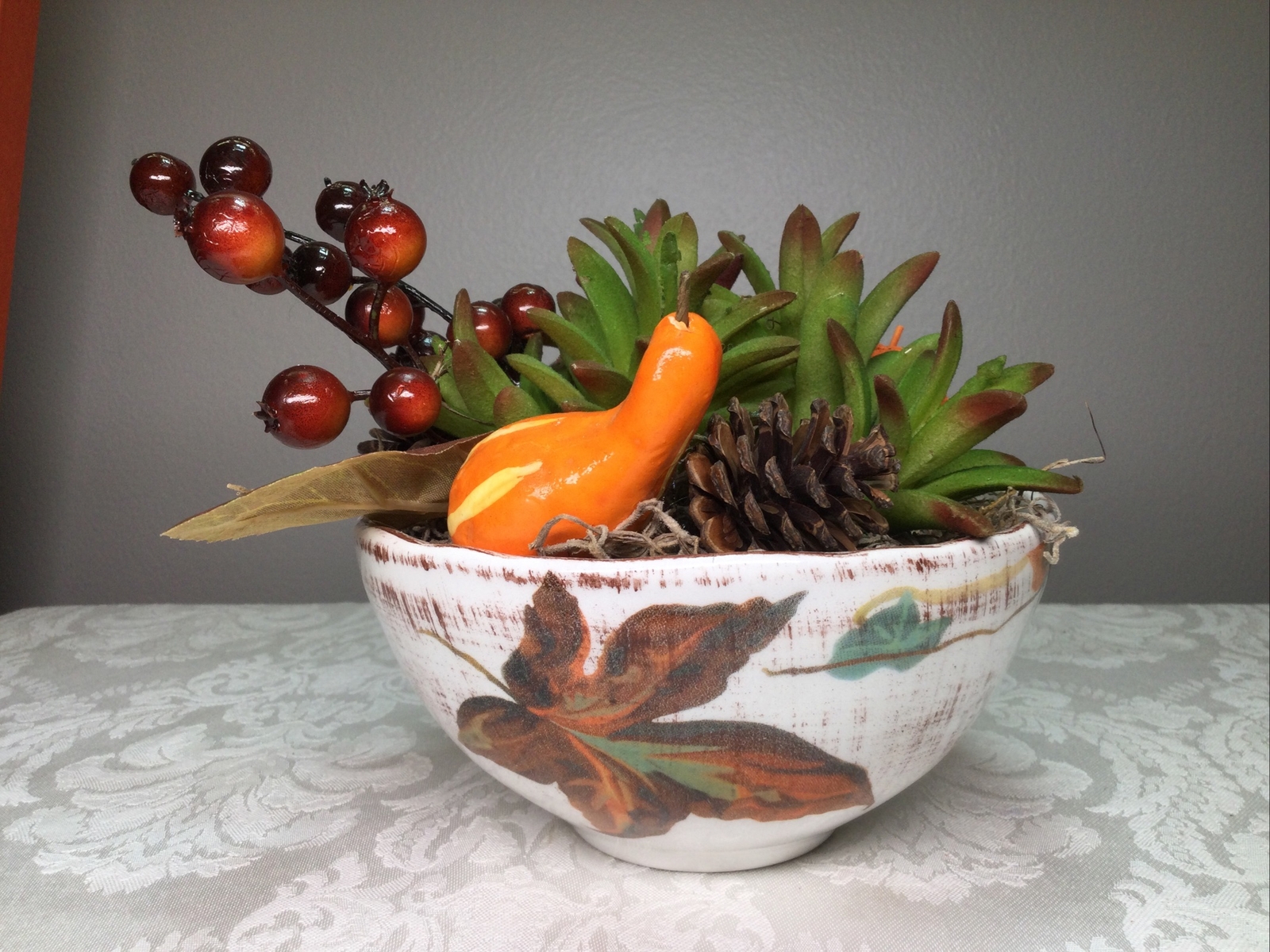Floral Faux Succulent Arrangement Tuscan Bowl Centerpiece Fall Autumn Decor