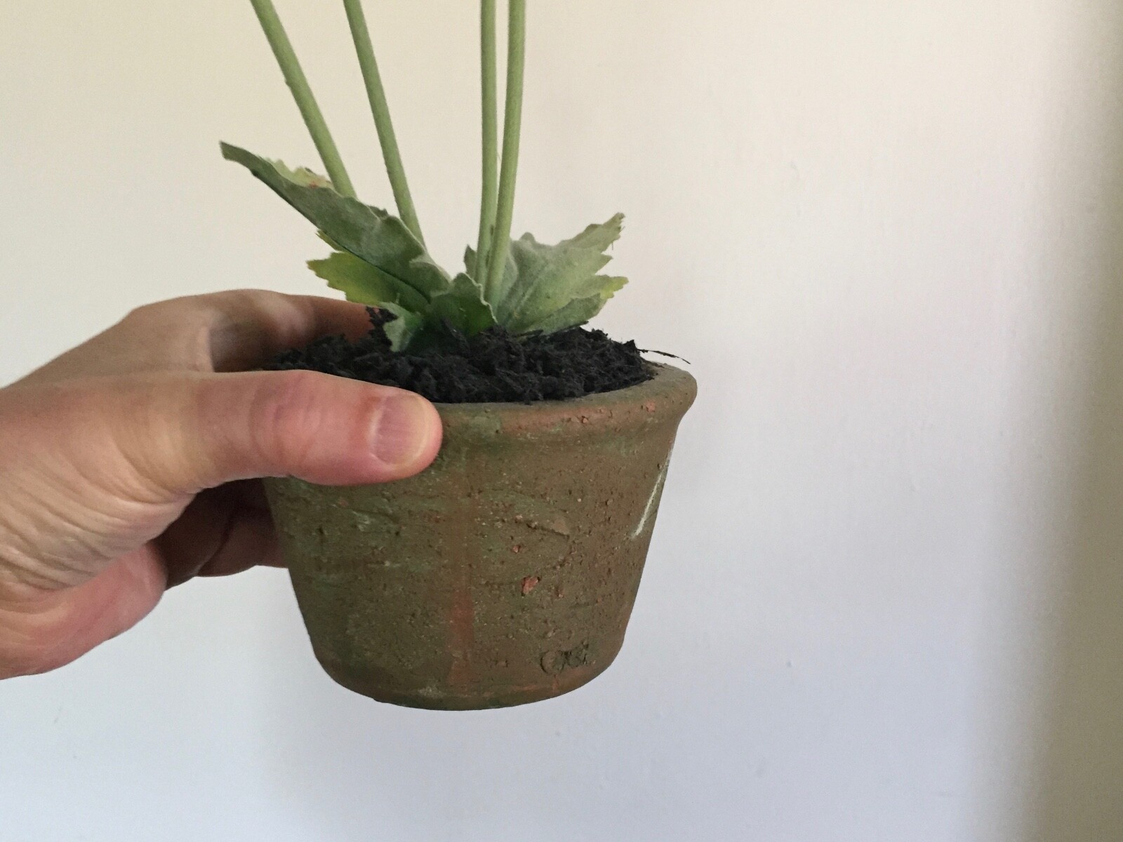 Vintage Fabric Flower or Artificial Plant in Terra Cotta Pot Red Poppy