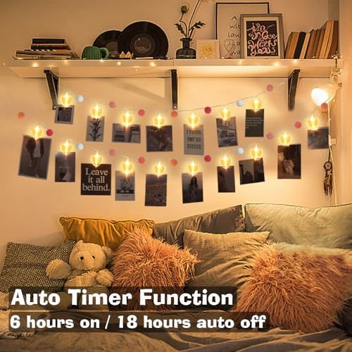 9.85Ft Photo Clip String Lights with 20 Cute Pompoms 20 LED Pink Pom-Heart