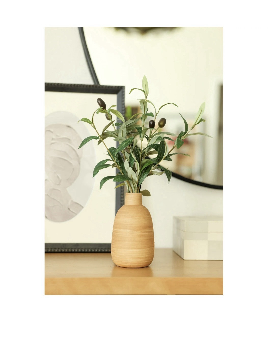 Artificial Olive Branch Arrangement in Beige Vase, Green/Black, 15 in x 6.5 in