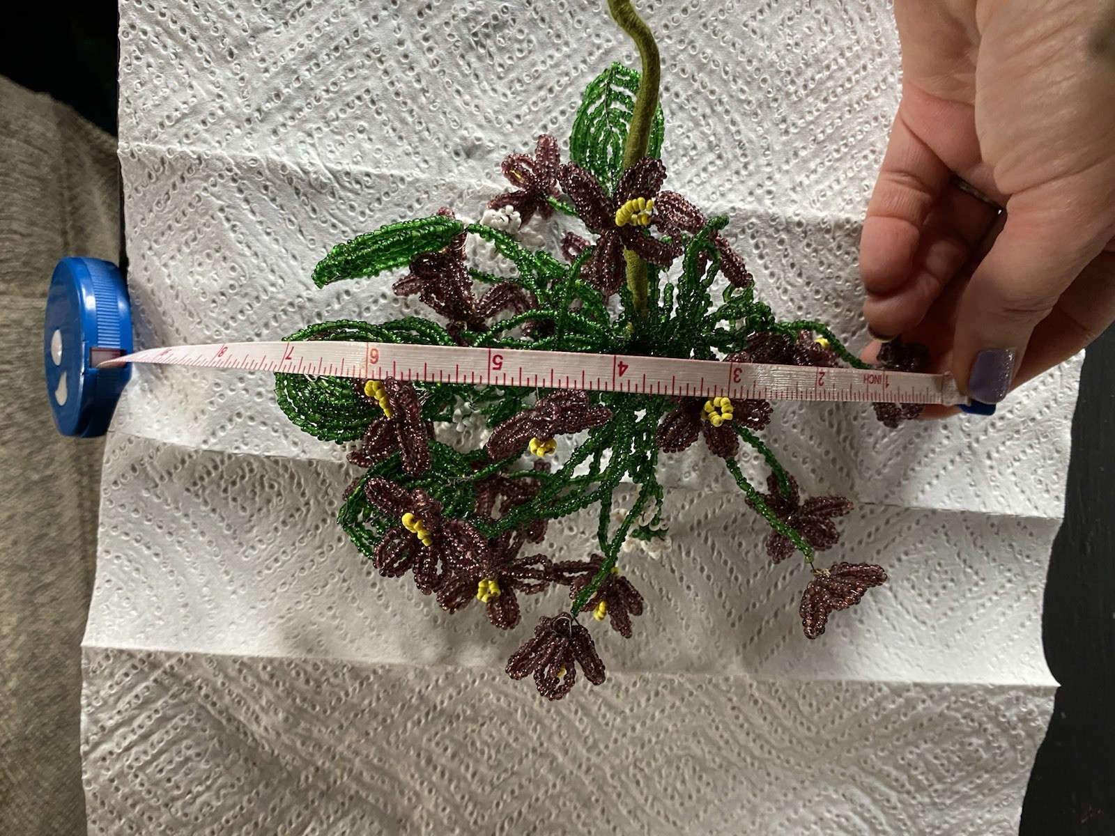 Vtg French Glass Beaded Purple Green Yellow Flower Bouquet Floral Arrangement