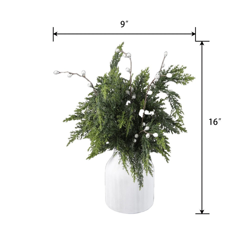 16″ Artificial Cypress & Berries Arrangement in Ribbed Ceramic Vase
