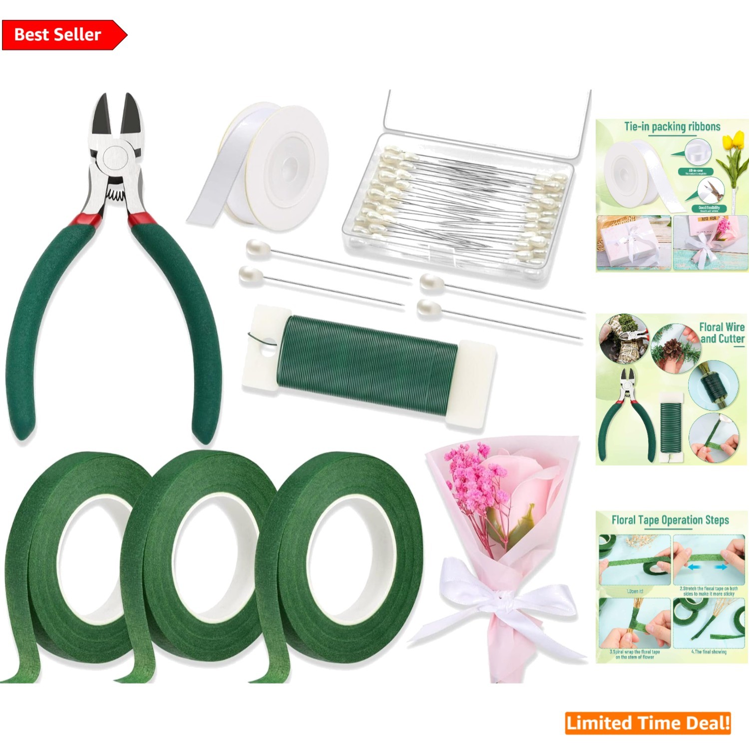 7-Piece Floral Arrangement Kit with Dark Green Floral Tape & White Satin Ribbon