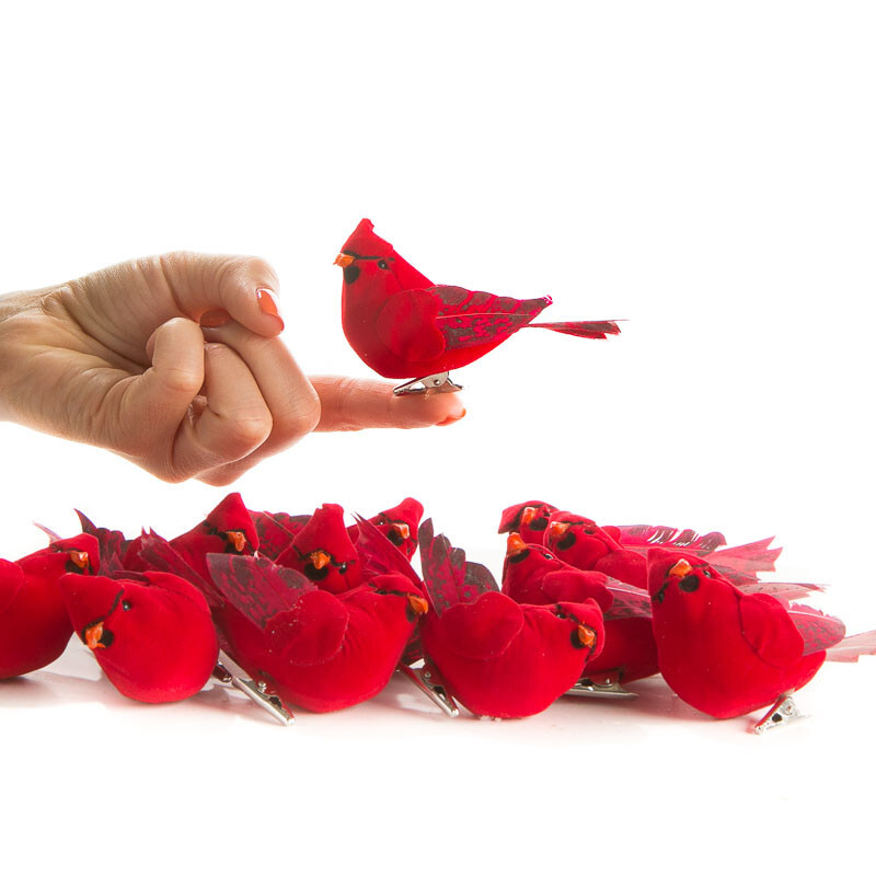 Set of 12 Artificial Flocked Northern 3-1/2″ Cardinal Birds with Clips