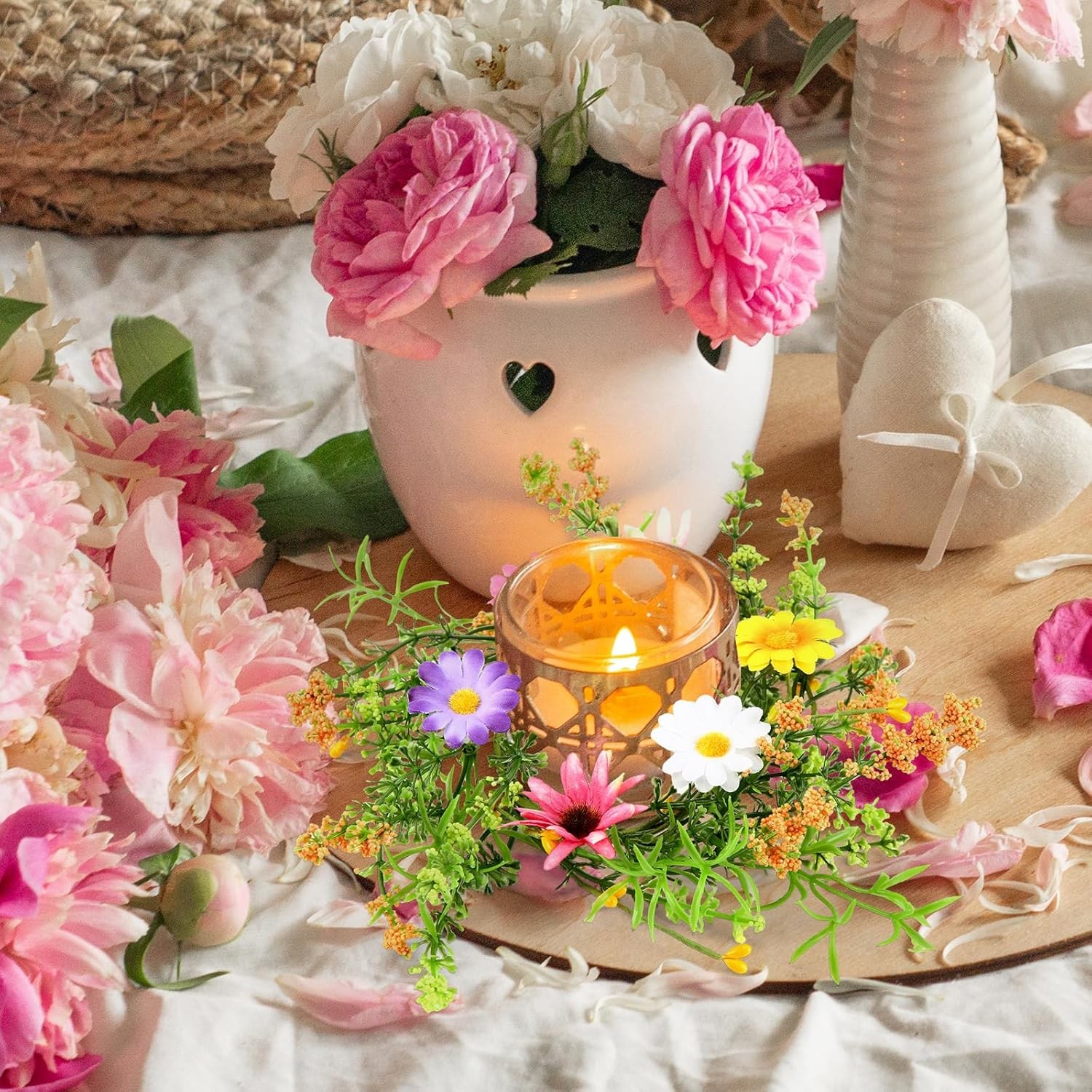 4 Pcs Spring Flower Candle Rings Artificial Floral Wreaths Summer Floral Pillar