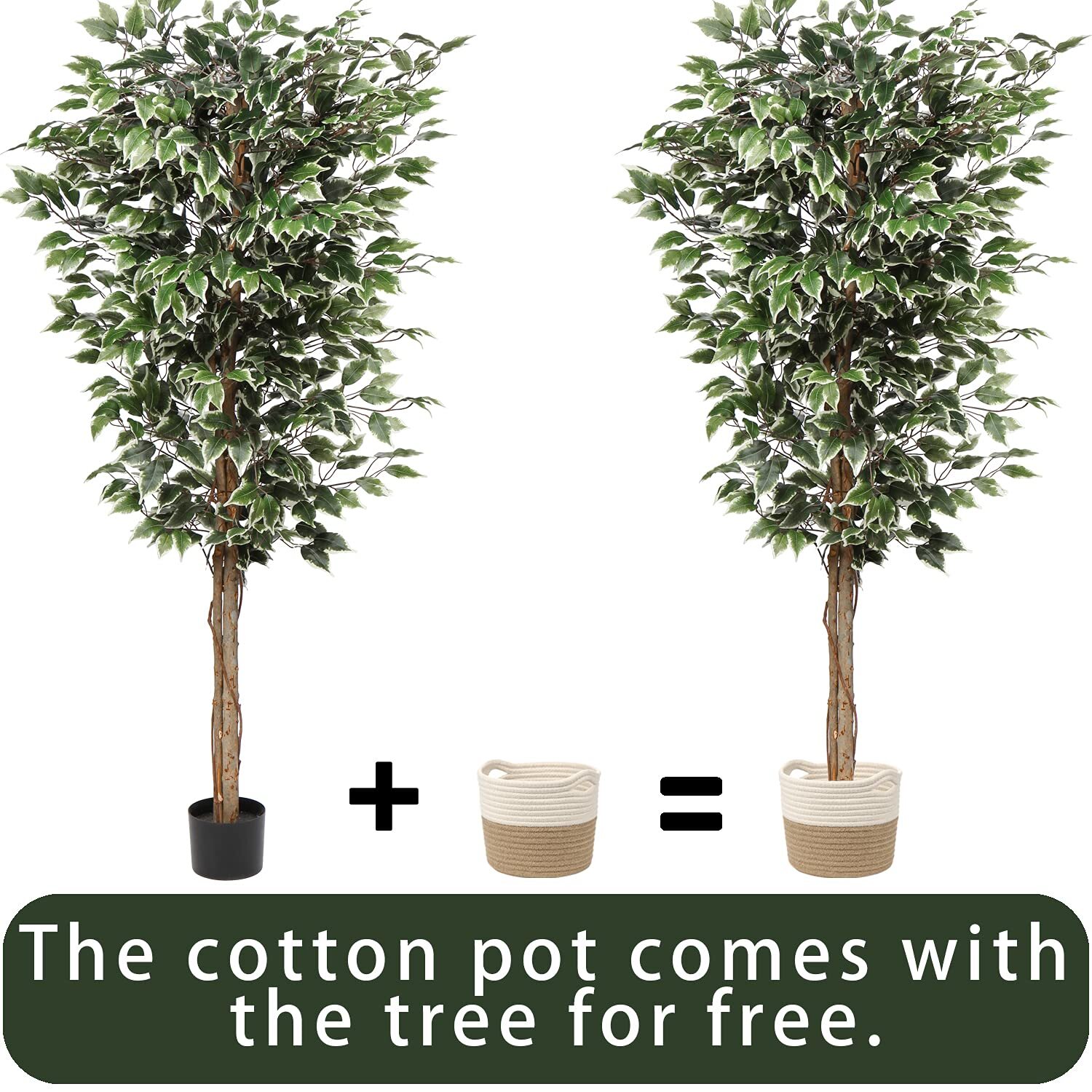 Artificial Ficus Tree 6ft In Cotton Pot Fake Silk With Green White Leaves Natura