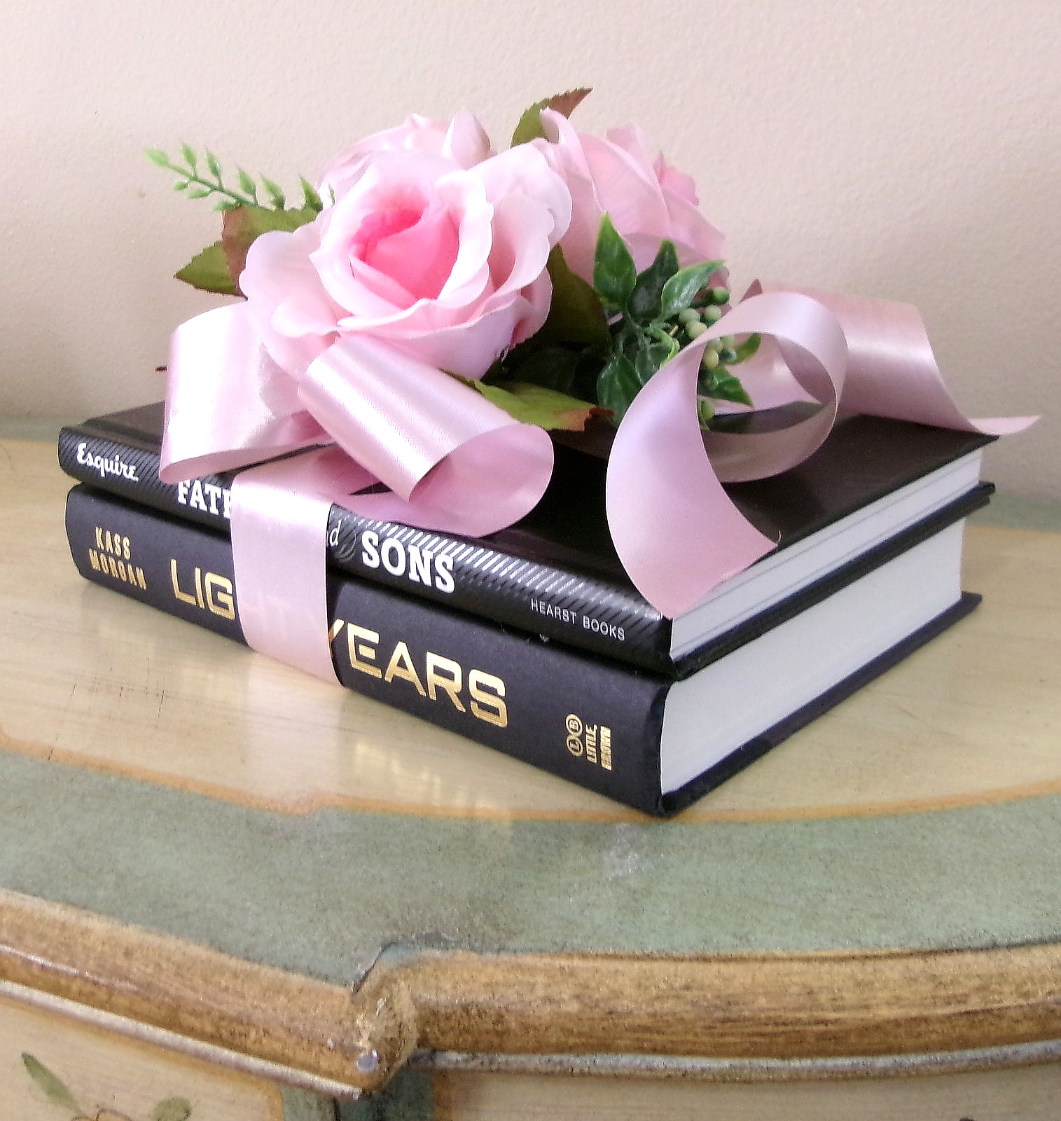 Decorative Book with Silk Pink Roses Accent Arrangement New