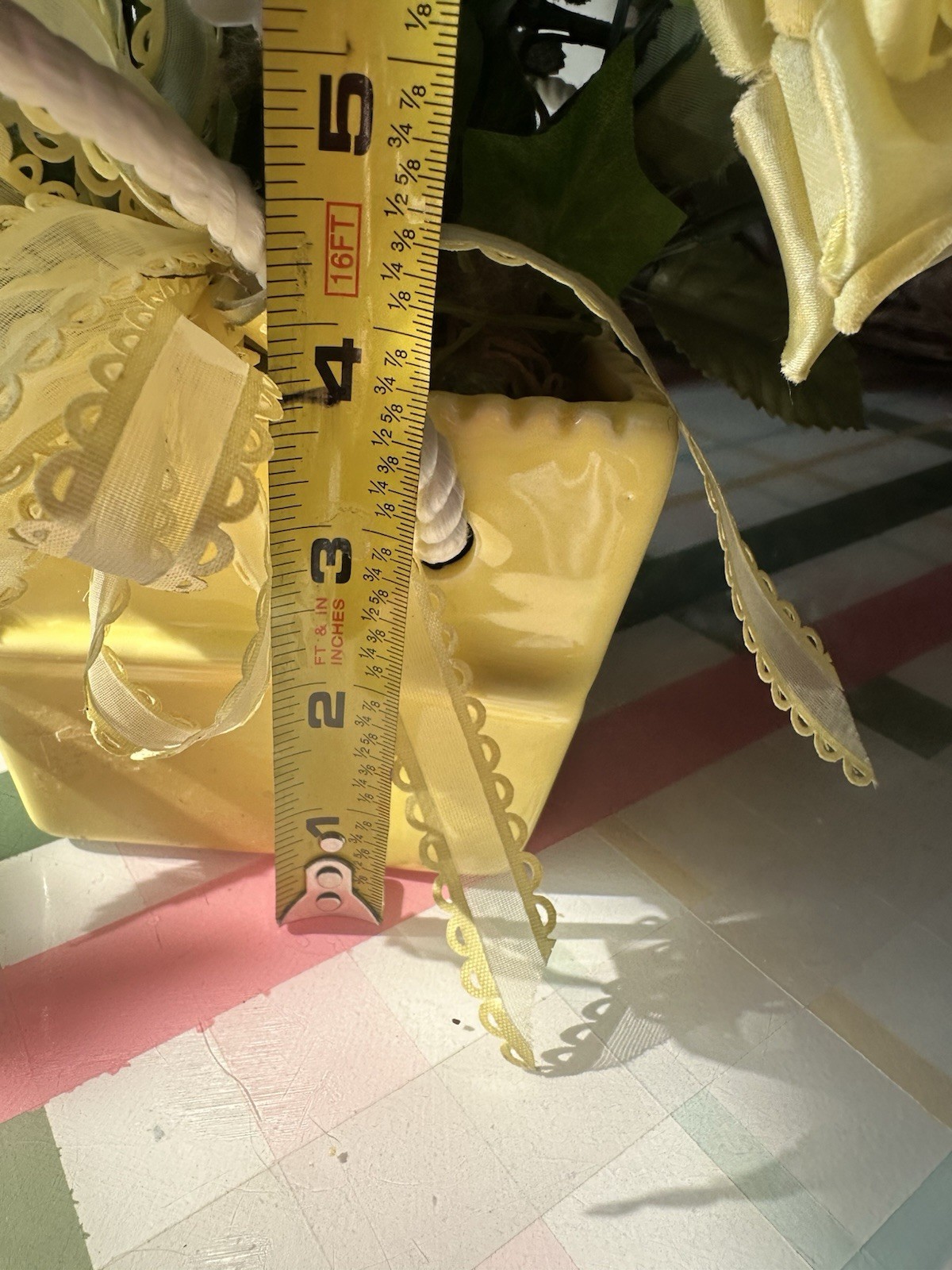 Vintage 1950s Original Yellow Silk Ribbon Rose Floral Arrangement Lefton Planter