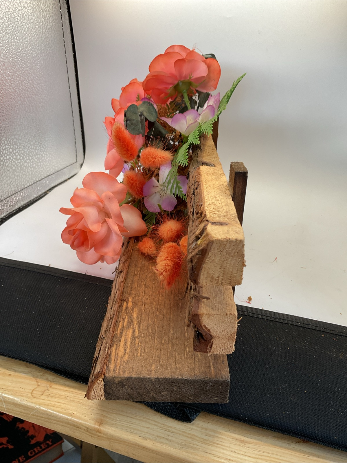 Floral Arrangement – Artificial Flowers Wooden Bench – 12”x 3.5”x 4.75”