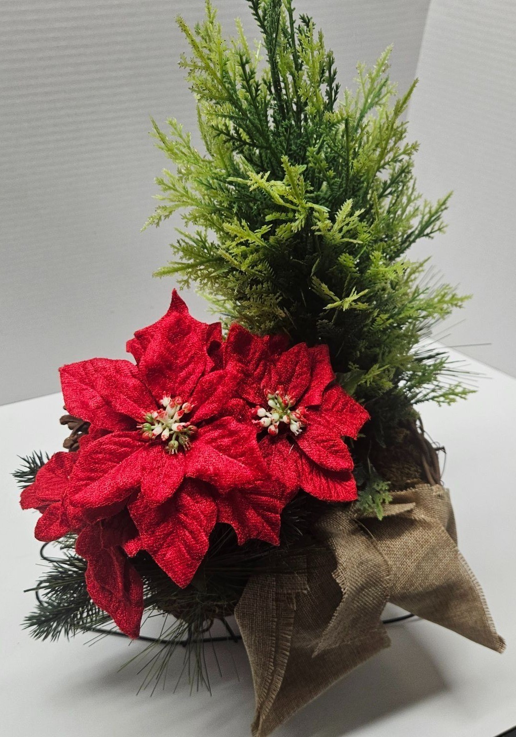 Christmas Sleigh Centerpiece Faux Cedar Pine Poinsettia Burlap Wicker 21in Metal