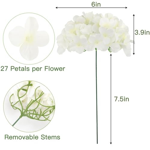 40pcs Artificial Hydrangea Silk Flower Heads with Stems, Fake Plastic White