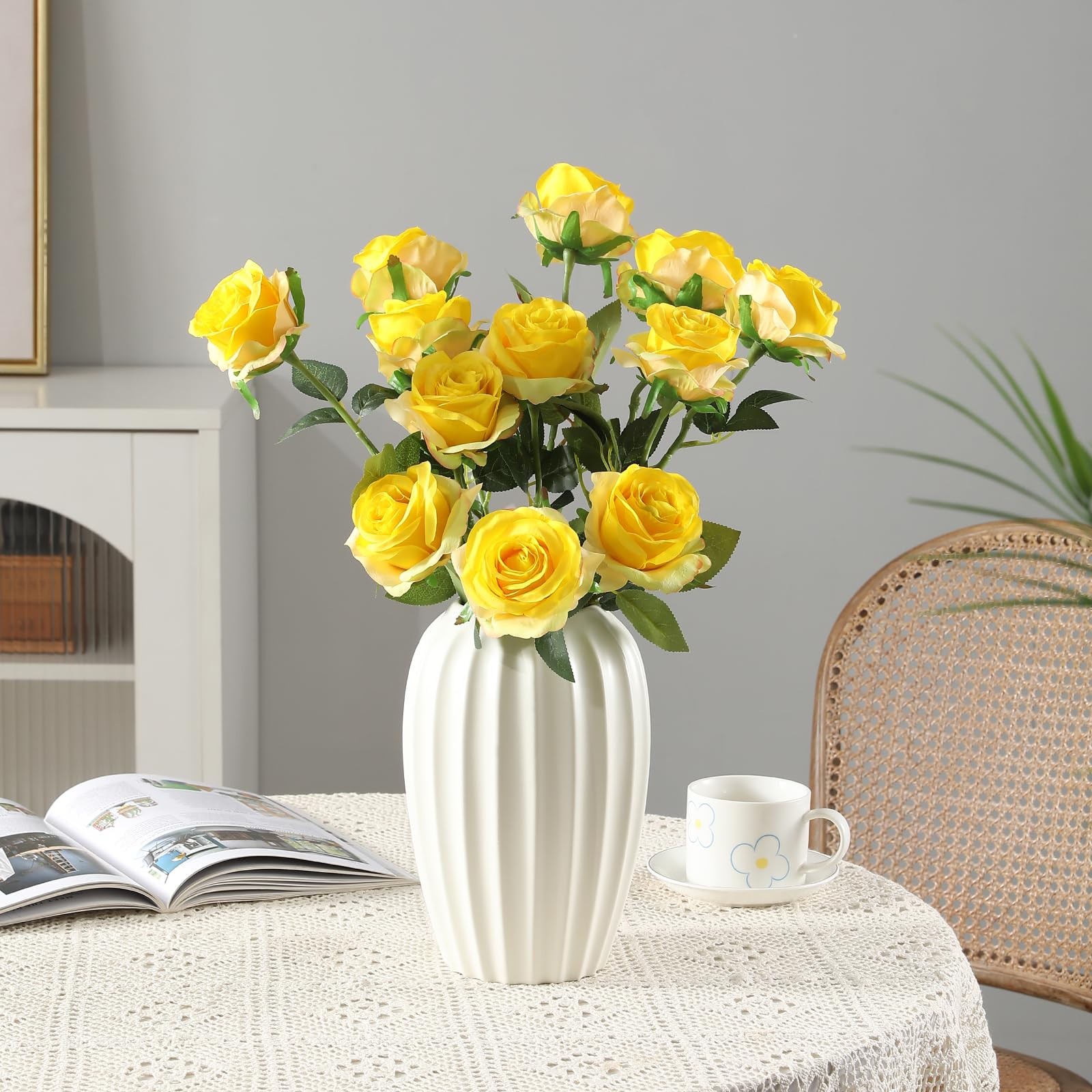 Yellow Roses Artificial Flowers -12 pcs Realistic Single Long Stem Fake Silk …