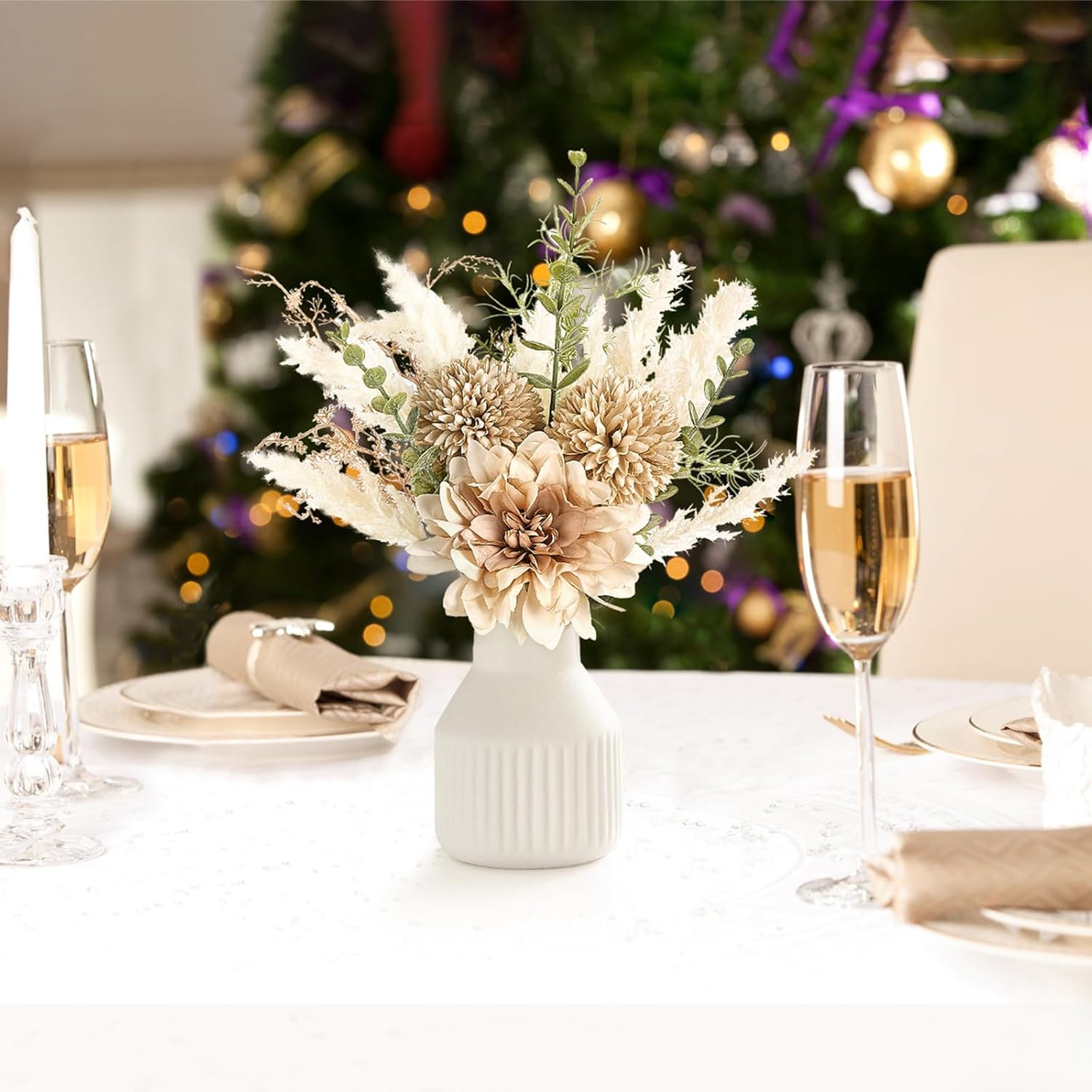 Small Artificial Flowers in Ceramic Vase 12.5″ Centerpieces Coffee Table Decor,