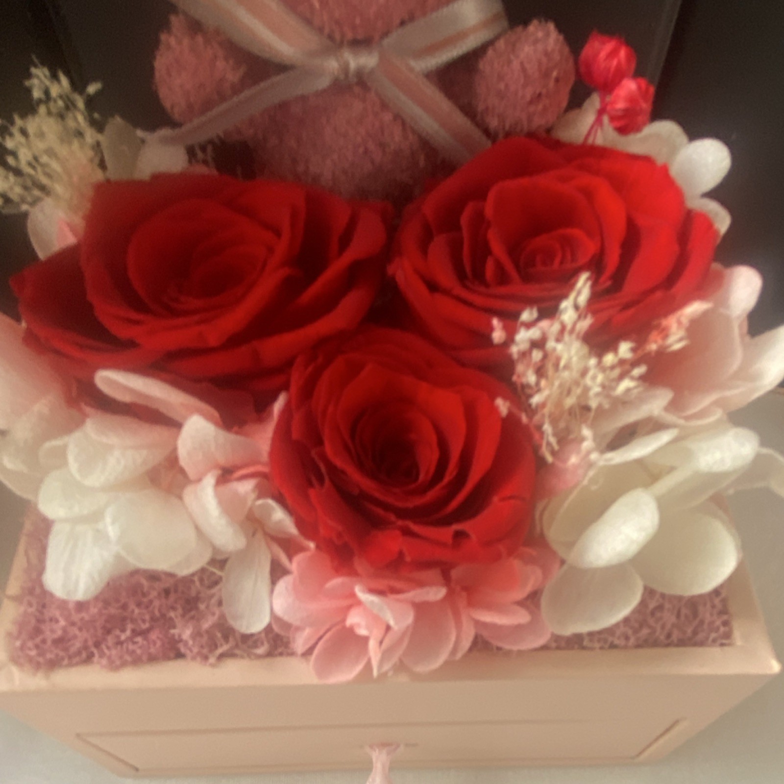 Artificial Rose Flower Box Arrangement w/ Pink Teddy Bear Love Theme 8″ x 5″