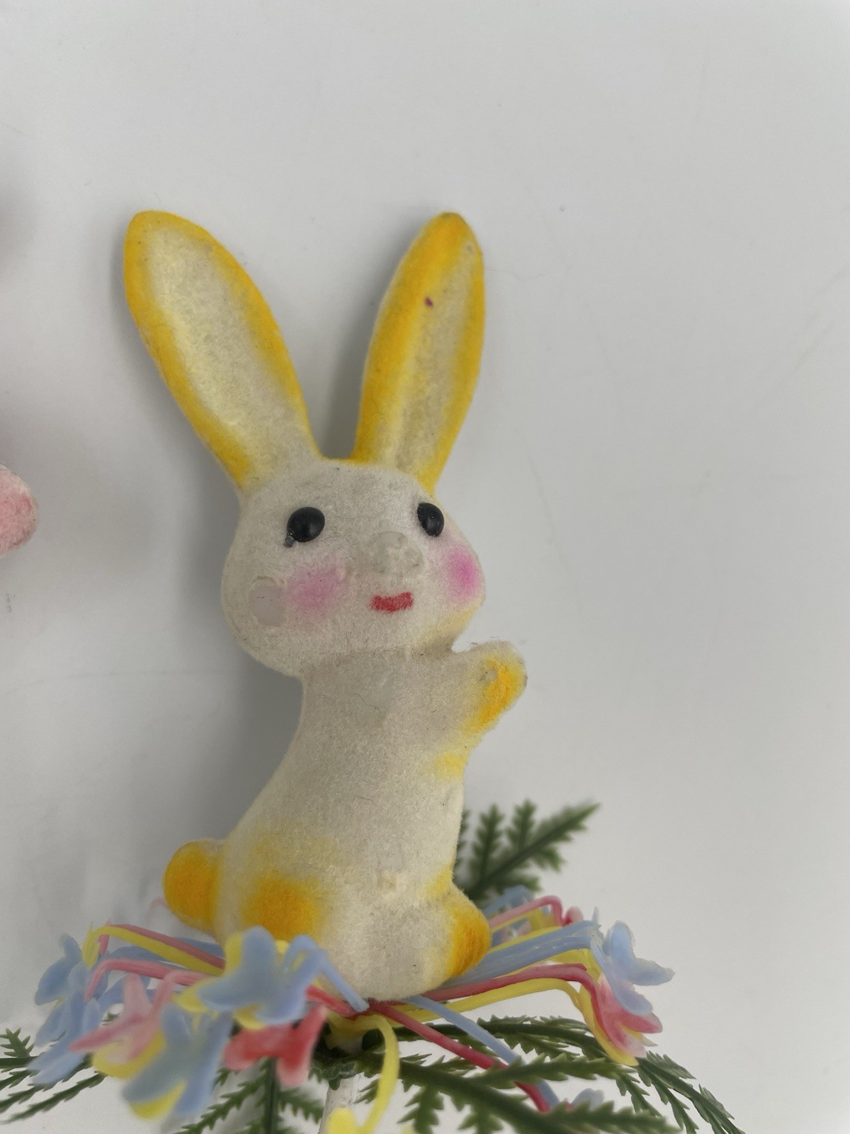 5 VTG Lot Flocked Easter Bunny Rabbit, Egg, Floral Pick Plastic Decoration A20