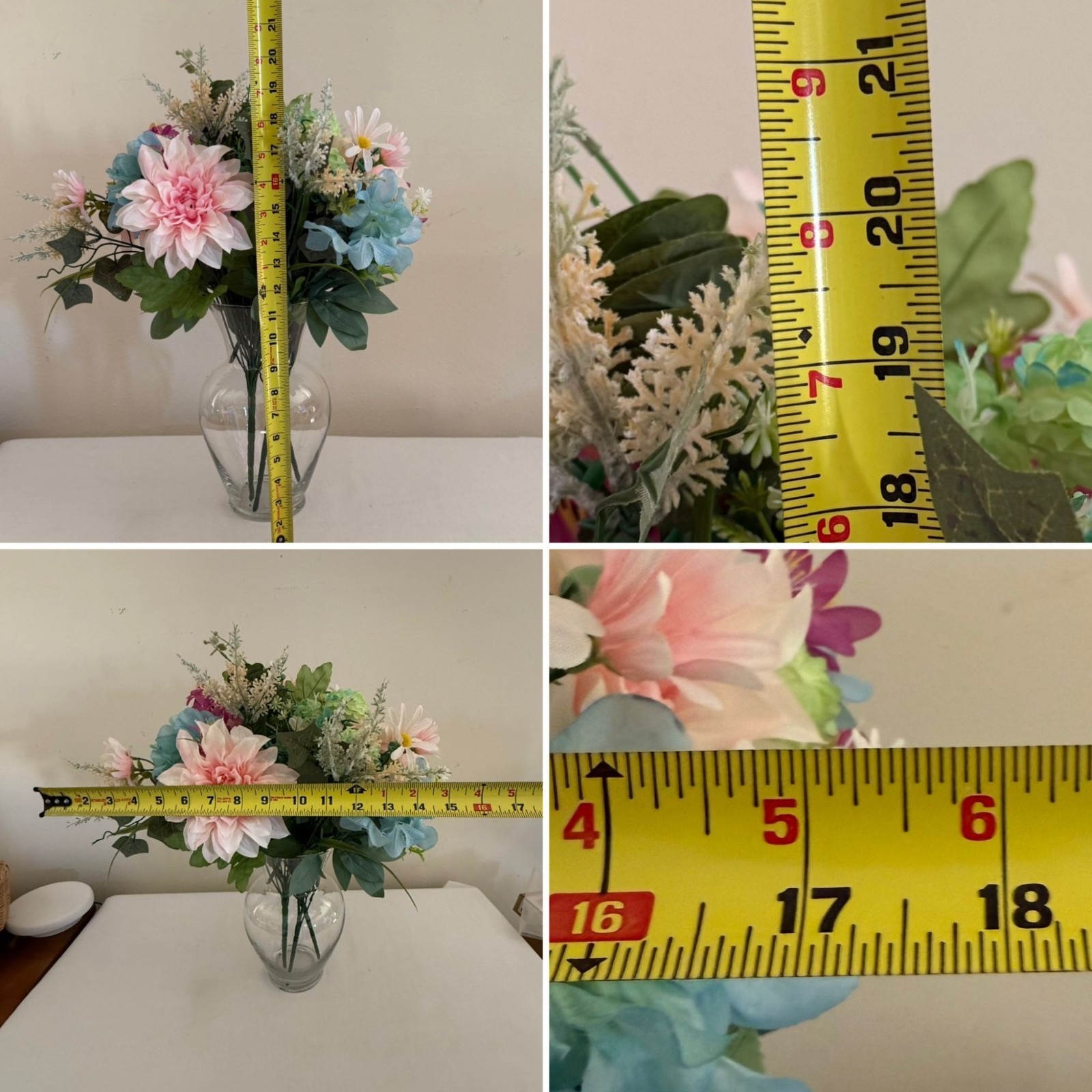 Upcycled Handcrafted Artificial Floral Arrangement Blue Green Pink Flowers OOAK