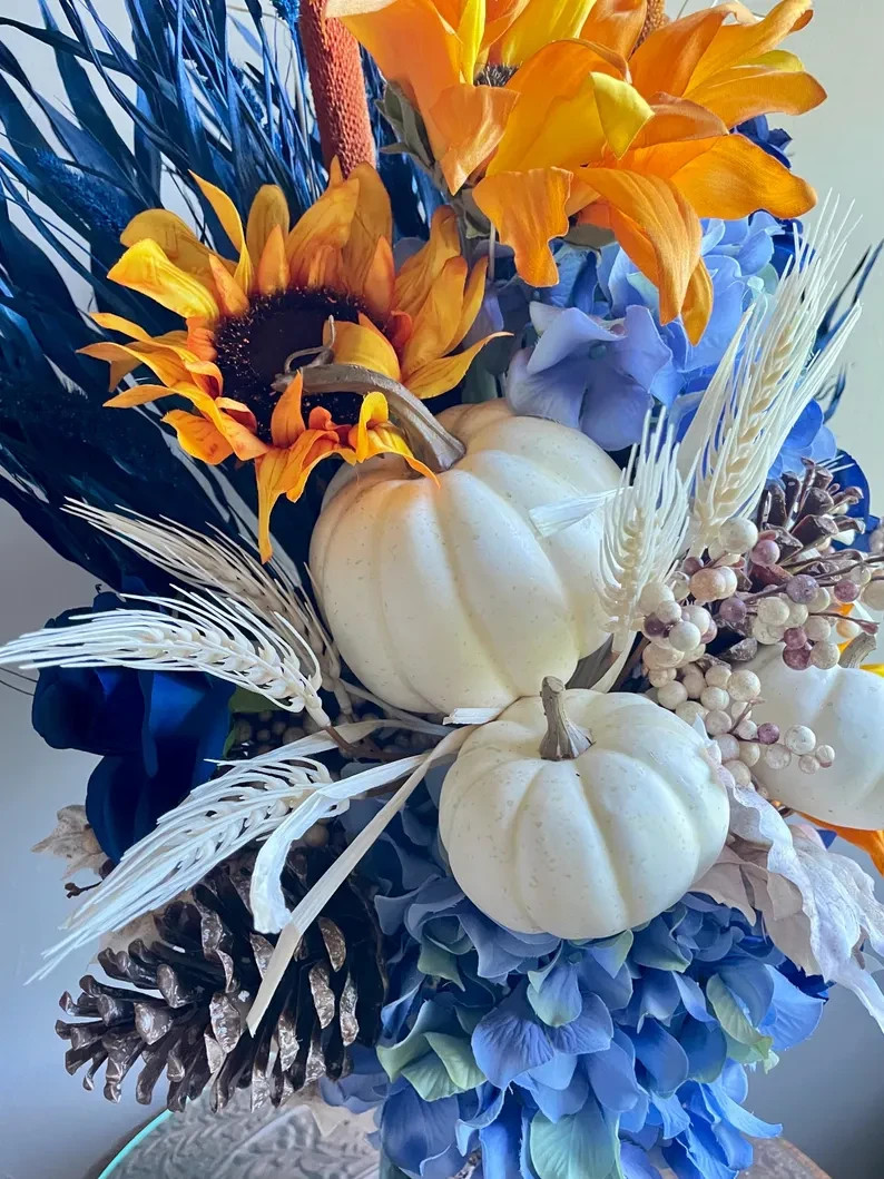 Sunflower Floral Arrangement: Blue Summer & Fall Home Decor, Table Centerpiece