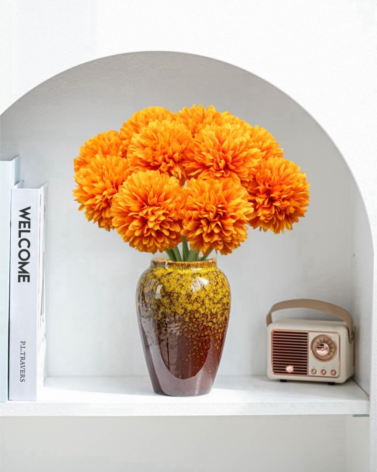 Artificial Silk Faux Chrysanthemum Flower Bouquets Orange Fall 12 PCS