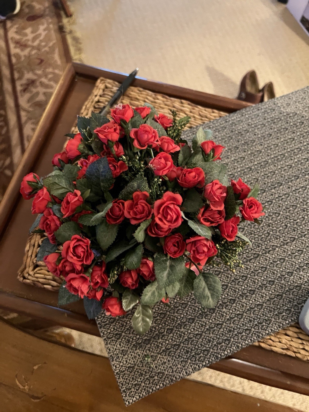 Red Rose Floral Arrangement in Crackle Pot Faux Silk Flowers Valentine Decor