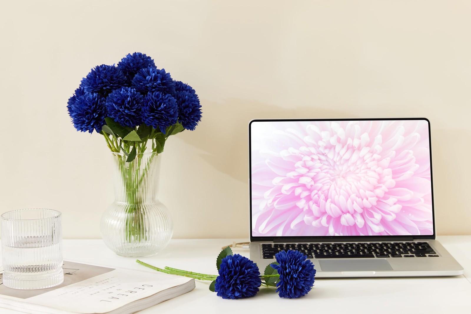 12 PCS Blue Artificial Chrysanthemums Ball Flowers Silk Fake Mums Decor