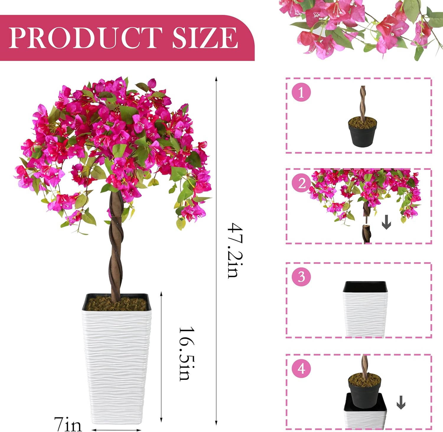 4FT Artificial Bougainvillea Tree in White Planter – Indoor/Outdoor Decor