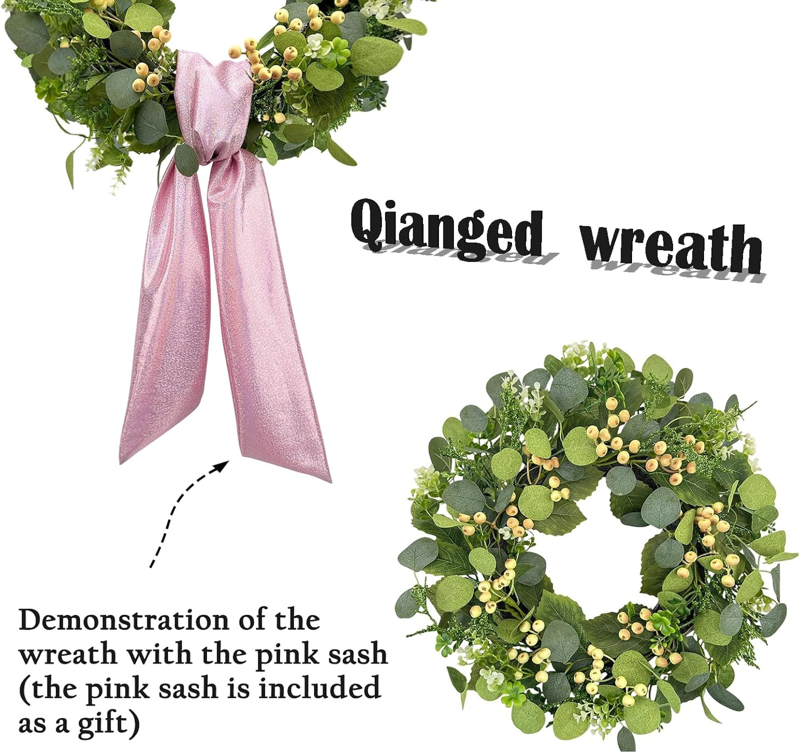 22 Inch Eucalyptus Wreath with Yellow Berries and Pink Sash for Front Door
