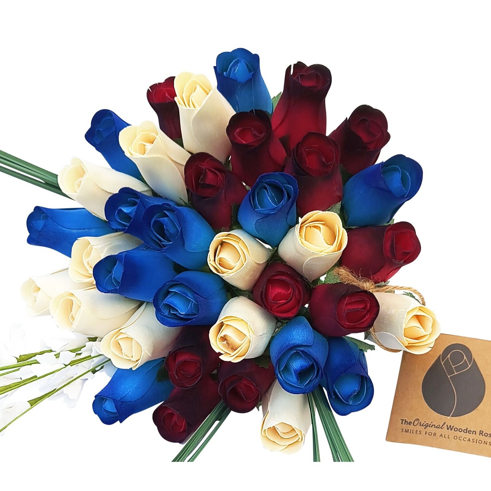 Primitive Patriotic Flower Bouquet. The Original Wooden Rose 1, 2, 3 Dozen