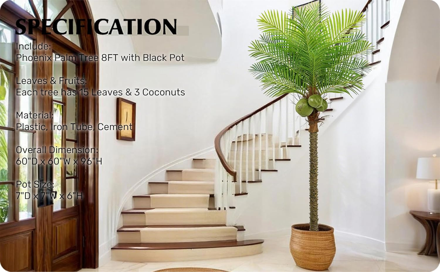 8FT Artificial Phoenix Palm Tree with Coconut Fruits for Indoor/Outdoor Decor