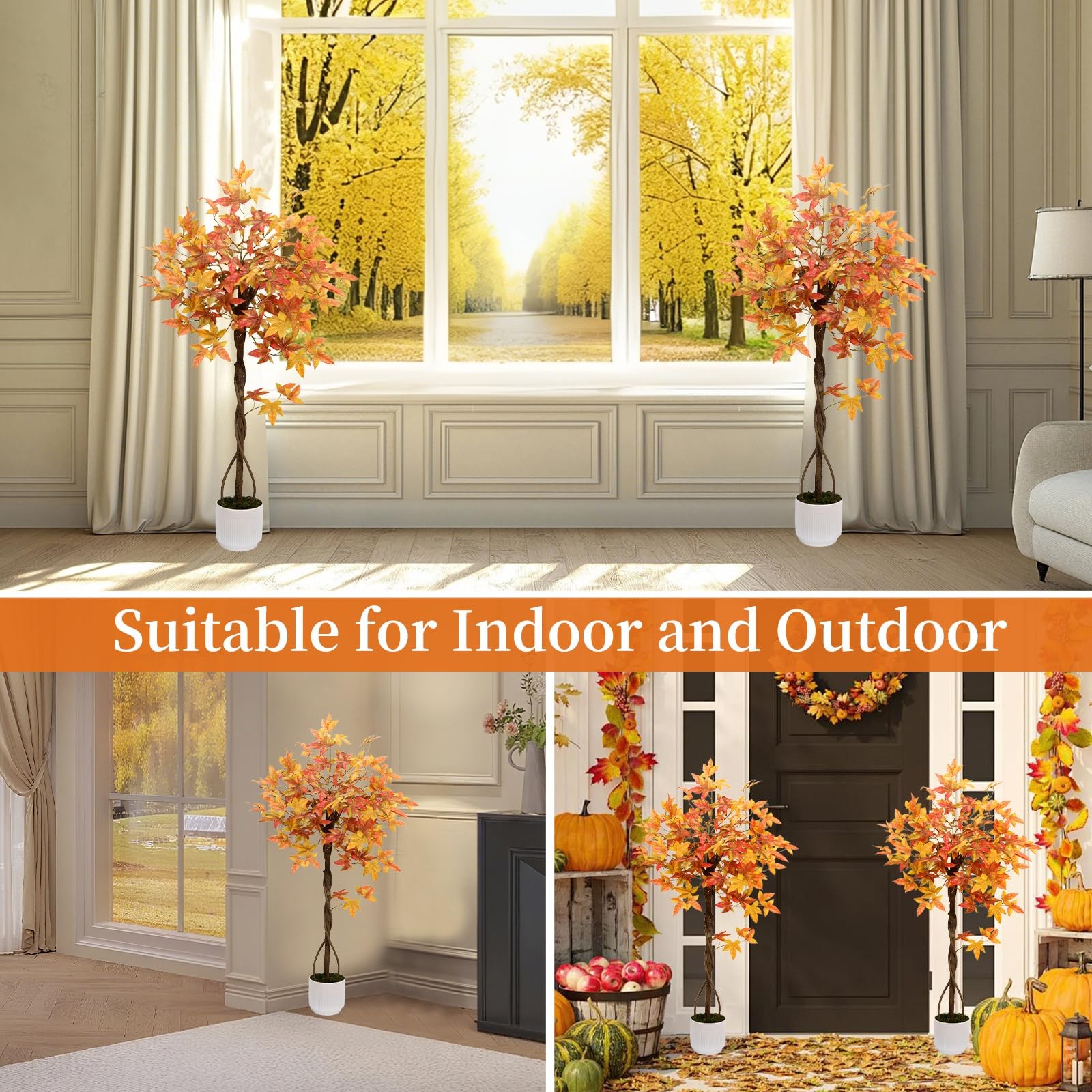Artificial Maple Tree, 4FT Orange Potted Fake Plants Autumn Decoration Fall T…